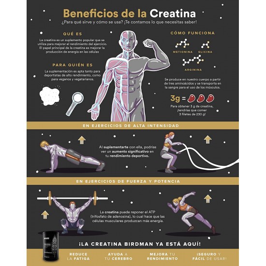 Birdman Creatina Monohidratada de Alta Pureza En Polvo Sin Sabor, Preworkout, Alto Rendimiento 90 Servicios 450g.