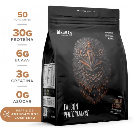 Birdman Falcon Performance Proteina Premium En Polvo, 30gr proteina, 3g Creatina, 45 Porciones Sabor Choco Bronze 1.9Kg