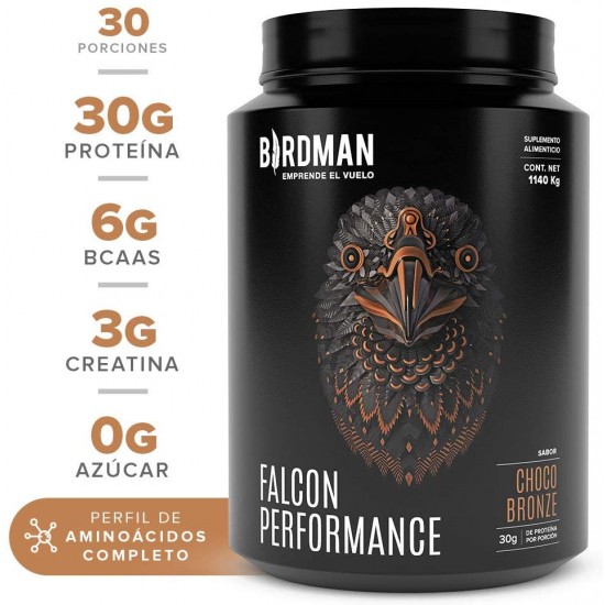 Birdman Falcon Performance Proteina Premium Alto Rendimiento En Polvo, 30g proteina y 3g Creatina por porción, Sin Inflamacion, Sin Acne, Sabor Choco Bronze 30 servicios 1.14kg