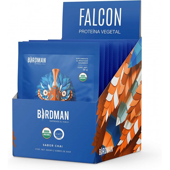 Birdman Falcon Proteina Vegetal Organica en Polvo (Vegana) Certificada USDA Caja con 12 Sobres Sabor Chai